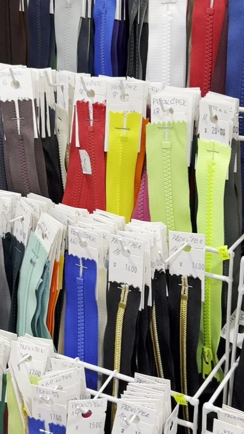 Many different zippers for clothes of different sizes and colors, zippers on Stock-Footage 250386363