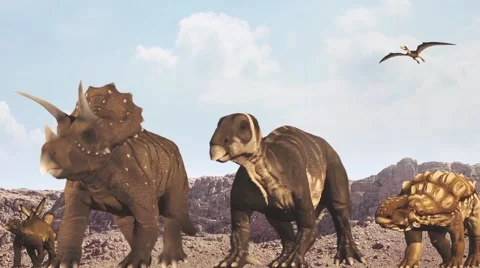 Many dinosaurs, migration, to somewhere with landscape Stock Footage 56476350