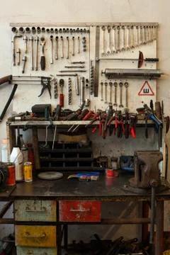 Many dirty tools on table and dashboard Foto stock