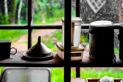 Many dishes placed on the windows Stock Photos