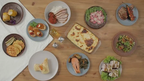 Many Dishes On Table Stock Footage 125803387