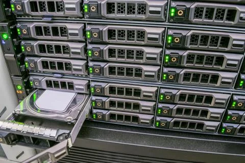 Many disk drives are in the computer equipment of the data center. Modular re 库存照片