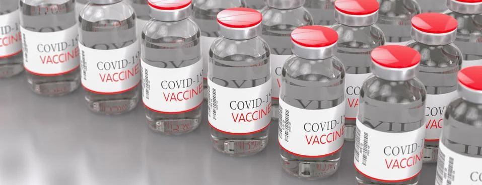 Many disposable vials on the conveyor on the table of Covid-19 coronavirus Stock Illustration