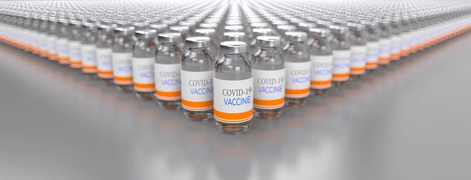 Many disposable vials on the conveyor on the table of Covid-19 coronavirus Stock Illustration