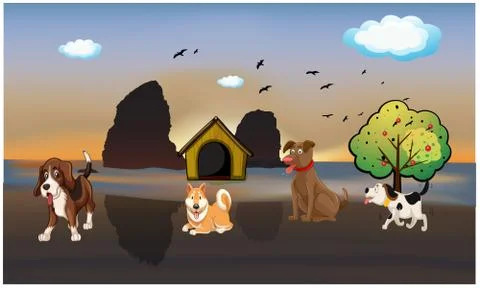 Many dogs are on river side in evening Stock Illustration