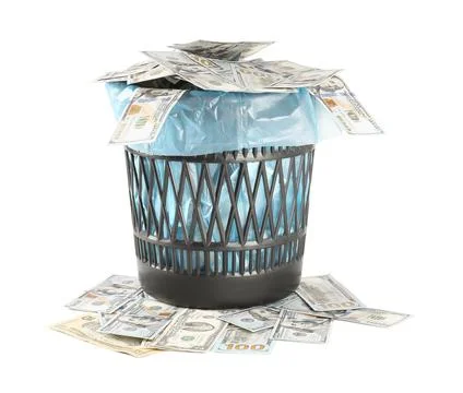 Many dollar banknotes in trash bin isolated on white Fotos Stock