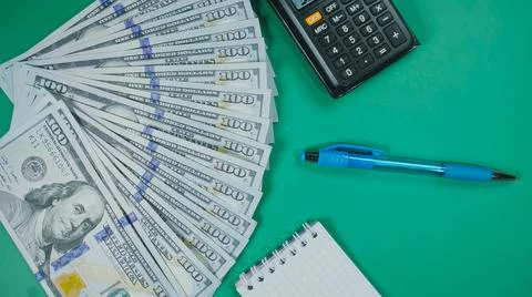 Many dollar money create pattern, make design shape picture. Top view, flat lay Stock Photos