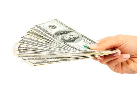 Many dollars falling on woman's hand with money Stock-Fotos