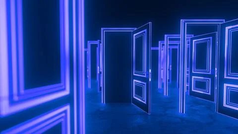 Many doors opening to infinite possibilities in virtual space Stock Illustration