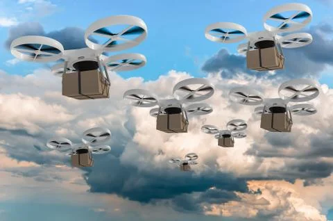 Many drones is delivering packages - fast mail concept. 3D rendered illustrat Stock Illustration
