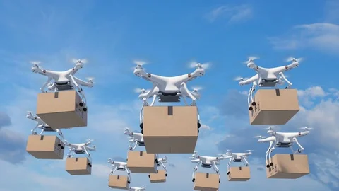 Many Drones Flying in the Clouds and Delivering Packages. Looped 3d Animation 動画素材 81772860
