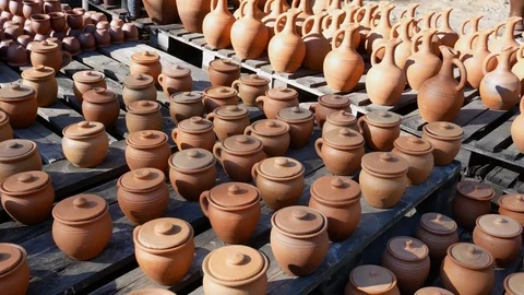 Many earthenware jugs for wine are sold. Georgia Stock Footage 118668039