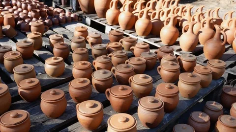 Many earthenware jugs for wine are sold. Georgia Stock-Footage 118668046