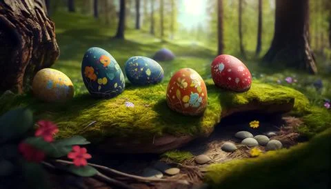 Many Easter eggs in the forest, realistic 스톡 일러스트