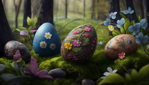 Many Easter eggs in the forest, realistic Stock Illustration