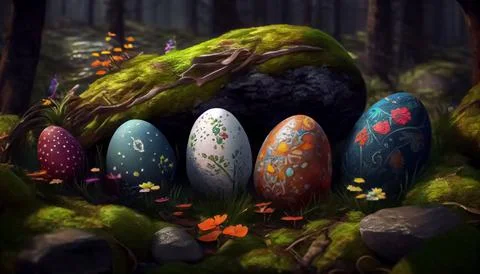 Many Easter eggs in the forest, realistic Stock Illustration