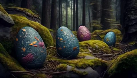 Many Easter eggs in the forest, realistic 스톡 일러스트