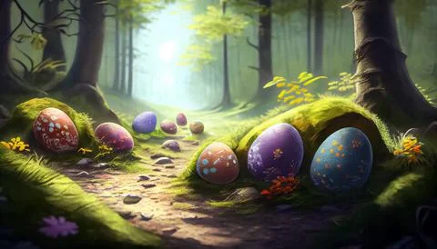 Many Easter eggs in the forest, realistic 스톡 일러스트