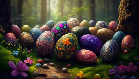 Many Easter eggs in the forest, realistic 스톡 일러스트