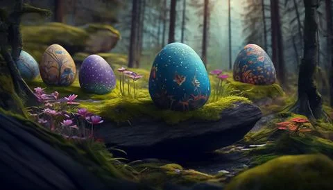 Many Easter eggs in the forest, realistic 스톡 일러스트