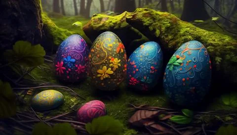 Many Easter eggs in the forest, realistic 스톡 일러스트