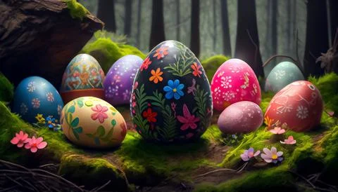 Many Easter eggs in the forest, realistic 스톡 일러스트
