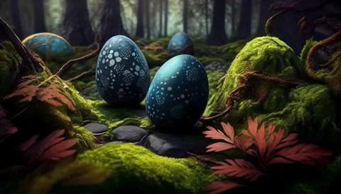 Many Easter eggs in the forest, realistic 스톡 일러스트