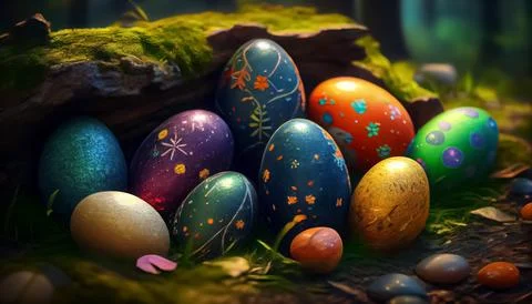 Many Easter eggs in the forest, realistic Stock Illustration