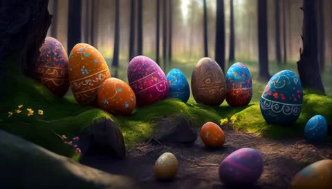 Many Easter eggs in the forest, realistic Stock Illustration