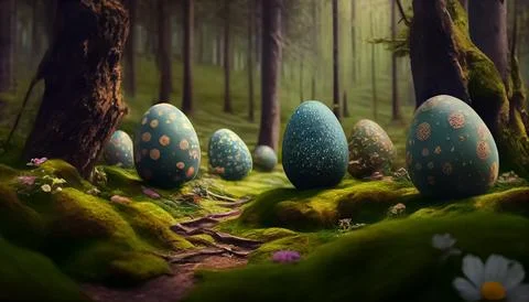Many Easter eggs in the forest, realistic Stock Illustration