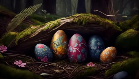 Many Easter eggs in the forest, realistic 스톡 일러스트
