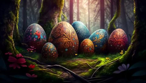 Many Easter eggs in the forest, realistic 스톡 일러스트