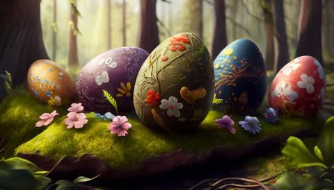 Many Easter eggs in the forest, realistic Stock Illustration