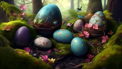 Many Easter eggs in the forest, realistic Stock Illustration
