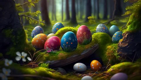 Many Easter eggs in the forest, realistic 스톡 일러스트