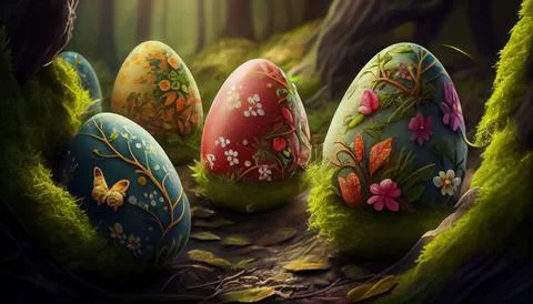 Many Easter eggs in the forest, realistic Stock Illustration