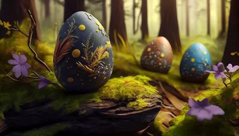 Many Easter eggs in the forest, realistic 스톡 일러스트