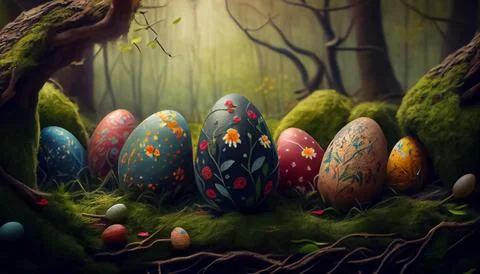 Many Easter eggs in the forest, realistic Stock Illustration