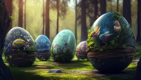 Many Easter eggs in the forest, realistic 스톡 일러스트