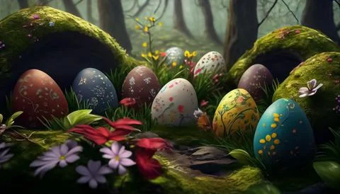 Many Easter eggs in the forest, realistic 스톡 일러스트
