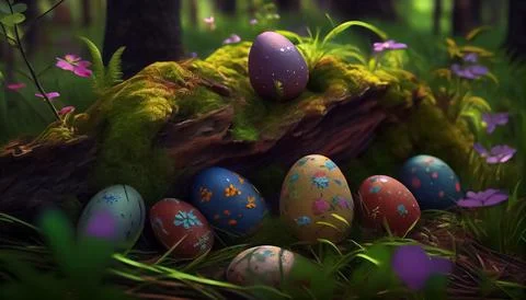 Many Easter eggs in the forest, realistic 스톡 일러스트