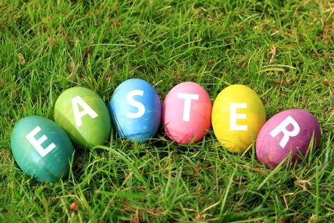Many Easter eggs have many colors placed on green grass. Stock-Fotos