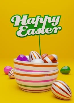 Many Easter eggs with a sign and the words Happy Easter Stock Illustration