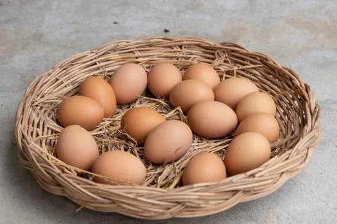 Many eggs in a basket on a cement floor. Stock Photos