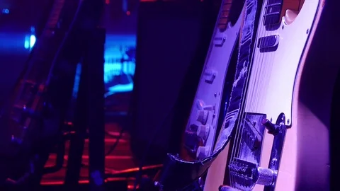 Many electric guitars are put it on stage. Stock Footage 86652306