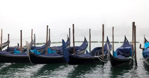 Many empty and covered gondola boats moored near saint mark square Stock Footage 150197933