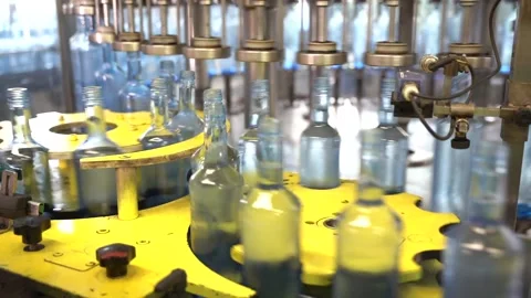 Many empty bottles on a conveyor belt at alcoholic beverage factory Stock Footage 195655599