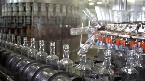 Many empty bottles on a conveyor belt at alcoholic beverage factory Stock Footage 195655655