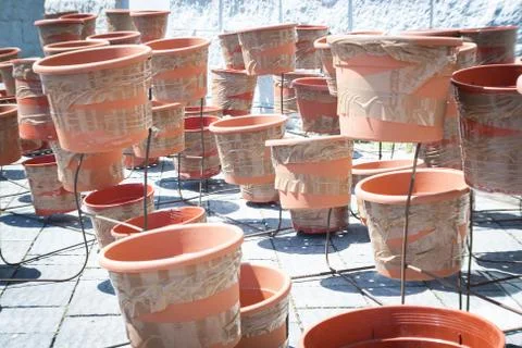 Many empty flowerpots Stock Photos