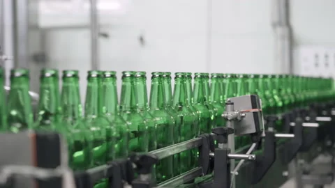 Many empty green bottles on the bottling line at the brewery. Brewing technology Vidéo 151886702